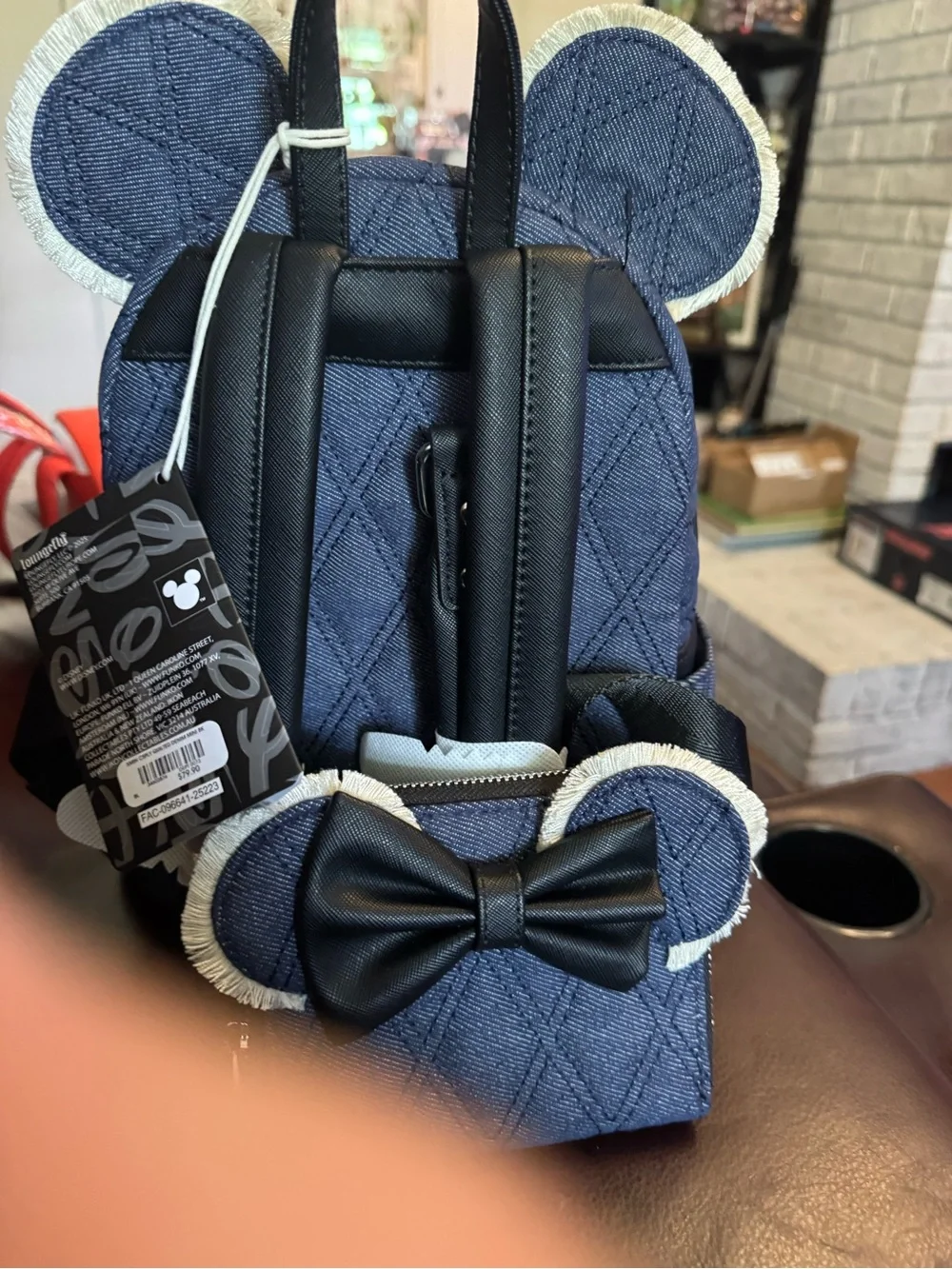 Loungefly Navy Quilted Denim Minnie Ear Mini Backpack with Black Bow w/ Wallet